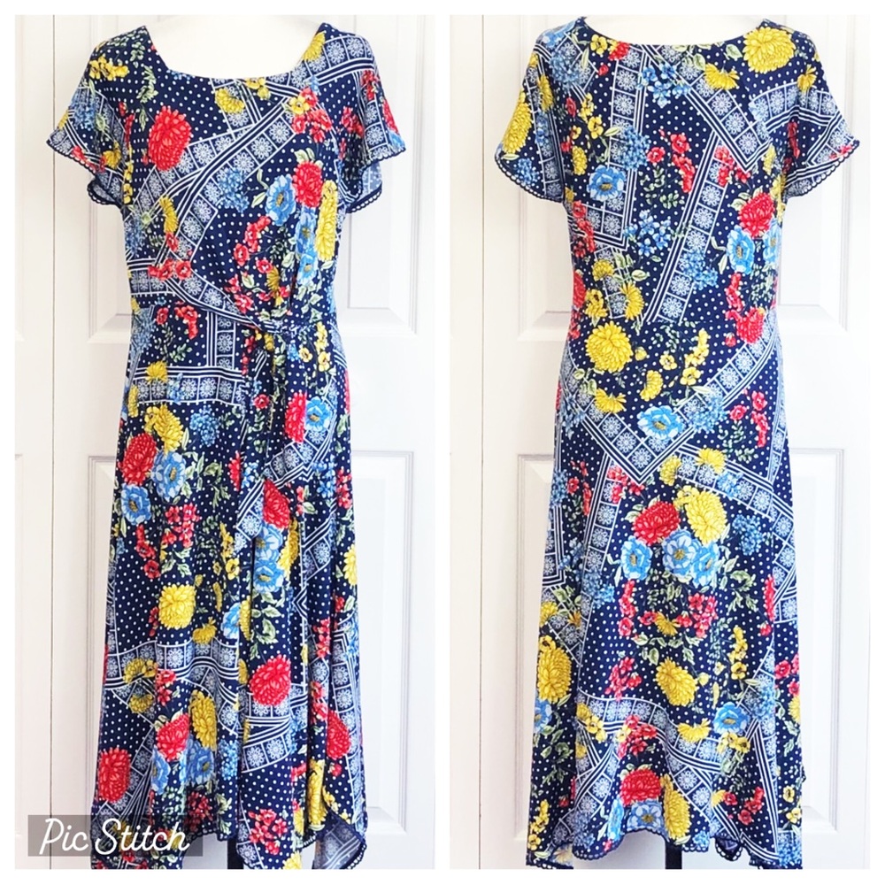 Rafaella Navy Blue Multi Polka Dot Floral Handkerchief Midi Dress Medium
